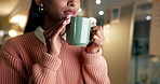 Coffee aroma, hands of woman and mouth drink espresso, latte and blowing hot steam in apartment home. Tea, smell and closeup of lips drinking liquid in cup for peace, person relax and calm in house