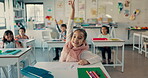 Students, hands raised and learning with question, education for knowledge with answer and academic growth. People in classroom, children and school with teaching, development and intelligence