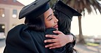 Happy woman, friends and hug in graduation, scholarship or education in success together at campus. Graduate students, love and embrace in celebration for diploma, certificate or goodbye and farewell