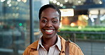 Black woman, smile and portrait in a city for travel for business or a night out in town. Face of happy african person on urban street laughing with funny humour and positive attitude in France