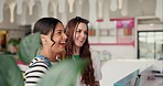 Smile, funny and woman friends in a bakery to order dessert together while having fun on the weekend. Food, laughing and happy customer people in a coffee shop or cafe during their lunch break