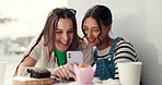 Laugh, phone and girl friends in a cafe watching funny video on social media or mobile app. Happy, conversation and young women scroll on the internet, website or online for comic joke in coffee shop