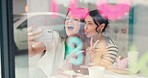 Selfie, phone and happy friends in restaurant for social media, network and profile picture in summer. Content creator, smartphone and women in cafe excited for internet post and date together 