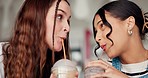 Girl friends, happiness and milkshake in restaurant with smoothie, conversation and funny together on date. Coffee shop, healthy cocktail and women in cafe for drink and discussion with smile