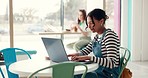 Remote work, student and woman in cafe on laptop for assignment, online learning and research. University, restaurant and person on computer for study, lesson and education on internet in coffee shop