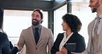 CEO, woman or businessman shaking hands in b2b meeting in negotiation or group agreement. Hiring success, handshake or hr manager in job interview for networking or partnership deal opportunity offer