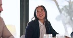 Business, meeting and woman with staff, brainstorming and cooperation with conversation, ideas and b2b deal. Person, teamwork and manager with employees, collaboration and support with partnership