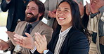 Clapping, audience and business people at conference for success or good news in happy crowd. Diversity, applause or corporate men and women laughing together for presentation, seminar or celebration