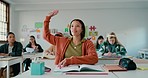 High school, girl and raised hand for answer, class and education with talking for assessment. Student, test and question with paper, idea or thinking for exam, progress or growth for problem solving