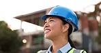 Outdoor, thinking and woman with construction, engineer and planning with a helmet, project or real estate. Person, architecture or worker with ideas, safety or problem solving with decision or smile