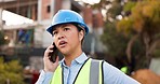 Construction, engineer woman and serious on phone call outdoor for building maintenance inspection. Asian person, deadline time or architect angry, worried or stress on smartphone conversation