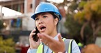 Frustrated asian woman, architect and phone call in mistake, disagreement or argument on construction site. Female person, engineer or contractor talking on mobile smartphone in serious discussion