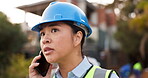 Construction, serious and engineer woman on phone call outdoor for building issue. Frustrated Asian person, deadline or architect angry, worried or stress and waiting on smartphone conversation