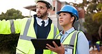 Tablet, man and woman architect with inspection at urban building for development, quality control and safety. Engineering team, construction and project management with online checklist for planning