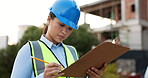 ??Woman, checklist and writing at construction site, city architecture and project management or inspection. Contractor manager with notes, documents or clipboard for engineering and buildings survey