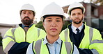 Face, construction worker and maintenance team with engineering and contractor, people outdoor with confidence. Infrastructure, building site and labor with architect collaboration and woman leader