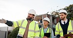 Architecture, manager walking or engineering team on construction site for building or maintenance. Leader, teamwork or architect in discussion, conversation or speaking of a project management plan