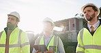 Architecture, inspection or engineering team walking on construction site for building or maintenance. People, teamwork or architect in discussion, conversation or speaking of project management plan