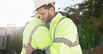 Friends, handshake and greeting, men at construction site with smile, welcome and partnership in engineering. Hello, gratitude and architecture team at building development shaking hands in agreement