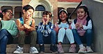 School, friends and children laugh on stairs ready for education, learning and lesson for class. Happy, excited and group of young kids on steps for child development, growth and knowledge at campus