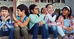 School, friends and children high five on stairs ready for education, learning and class at academy. Happy, excited and group of young kids celebrate on steps for development, lesson and knowledge