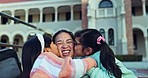 School, kiss and children with mother on stairs for education, learning and lesson at academy. Campus, family and young kids with mom embrace on steps for child development, teaching and knowledge