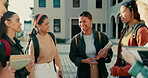 University, campus and group of students laughing in conversation on a break together for learning or education. College, funny and friends in discussion of exam results, books or scholarship