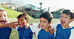 Children, soccer and excited with team, jump and sports, young athlete group winning outdoor and happiness, People, competition and football player with support, fitness with huddle or celebration