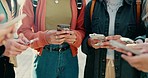 Hands, phone and circle with friends, campus and mobile connection with scroll, typing and click in summer. Girl students, smartphone and huddle for social network app at high school in Los Angeles