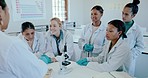 Classroom, science and professor with students, medical and research with chemistry, academic and teaching. Teacher, communication and group with lesson, laboratory equipment and higher education