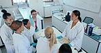 Laboratory, student question and teacher with research, future scientist class or college support. Mentor, science and education for university classroom analysis for learning and studying help 