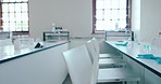 Laboratory, classroom and school for research, future scientist class or college table. Isolated, science and education for university and medical analysis for learning and studying for biology 