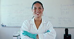 Happy, arms crossed and a woman science teacher in a classroom for education, research or innovation. Portrait, confident and a university or college scientist in class for learning and development