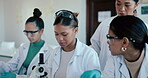 Science students, laboratory and question in classroom for microscope and learning at school with teacher. Education, scientist and people at university for medical analysis with professor for study
