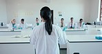 Classroom, professor and students with science, university and teaching with chemistry, lesson and college. Teacher, medical or group with education, learning and research with knowledge and studying