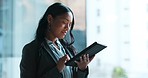 Window, thinking and woman with a tablet, employee and typing with research, connection and website information. Person, worker and consultant with technology, internet and opportunity with business