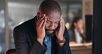 Night, burnout and business man with headache in office on computer with anxiety or mental health crisis. Working late, stress and African manager with temple massage for vertigo, brain fog or worry