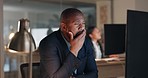 Night, office and business man yawning with burnout, fatigue or low energy while working on a computer. Working late, yawn and African male manager yawn at startup, exhausted and bored by online task