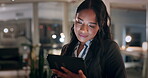 Corporate, night and woman with a tablet, connection and investor with trading, check stock market and digital app. Person, accountant and employee with technology, evening and financial planning