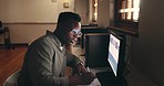 Night, business or black man with computer, writing or accountant with stock market, investment or screen. African person, investor or agent with a deadline, dark or trading with internet or planning