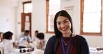 Face, smile and education with a woman teacher in a classroom for a high school lesson or lecture. Portrait, study and learning with a happy young professor in class for scholarship or knowledge