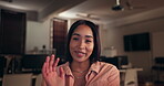 Video conference, woman and face with wave, welcome and greeting on virtual meeting at home. Communication, webinar and online chat with portrait and hello in a house with conversation on app
