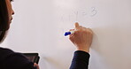 Whiteboard, writing and professor in math lecture or classroom with information for education learning in university. Marker, notes and professional in college doing presentation to share knowledge