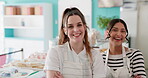 Women, face and smile in bakery with employees, apron and working in cafe with service and catering. Portrait, baker team and happy in coffee shop with arms crossed, confidence and professional 