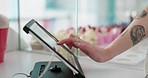 Cashier hand, typing and transaction in shop for cupcake, dessert and service with touchscreen for fintech. Small business owner, bakery and help for payment, sales or discount with food in store