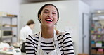 Happy woman, face and smile in bakery with employee, apron and working in cafe kitchen with service and catering. Portrait, baker and laughing with arms crossed, confidence and professional chef