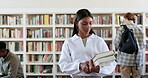 Woman, books and student in library with education, learning and knowledge, research and scholarship. University campus in India, academic growth and development, bookshelf and school information 