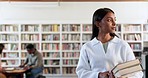 Woman, books and student in library with learning, education and knowledge, research and thinking. University campus in India, academic growth and development, bookshelf and information for ideas