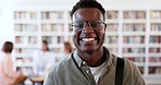 Education, college and library with face of black man on campus for research, studying or learning. Smile, future and scholarship with portrait of student at school for knowledge, books or university