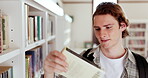 College, books and research with man in library for education, learning and relax. Knowledge, university and student with person reading at school for information, studying and academic project 